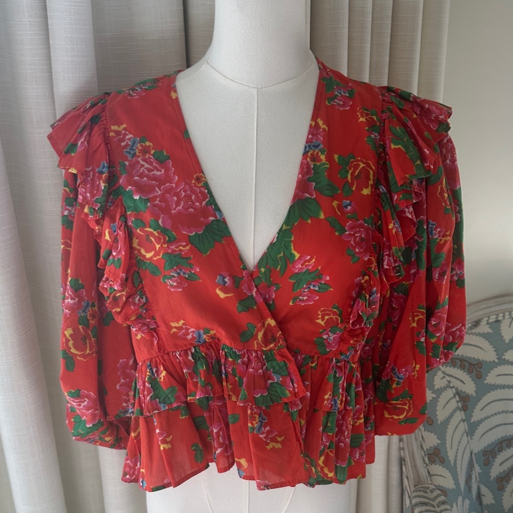 RHODE Red Floral Blouse with Ruffles